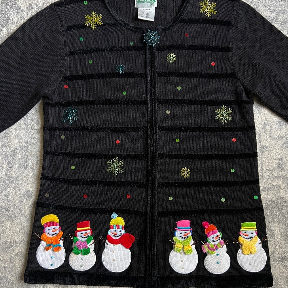Vintage Black Quacker Factory Christmas Snowman Zip Up Sweater Size Medium